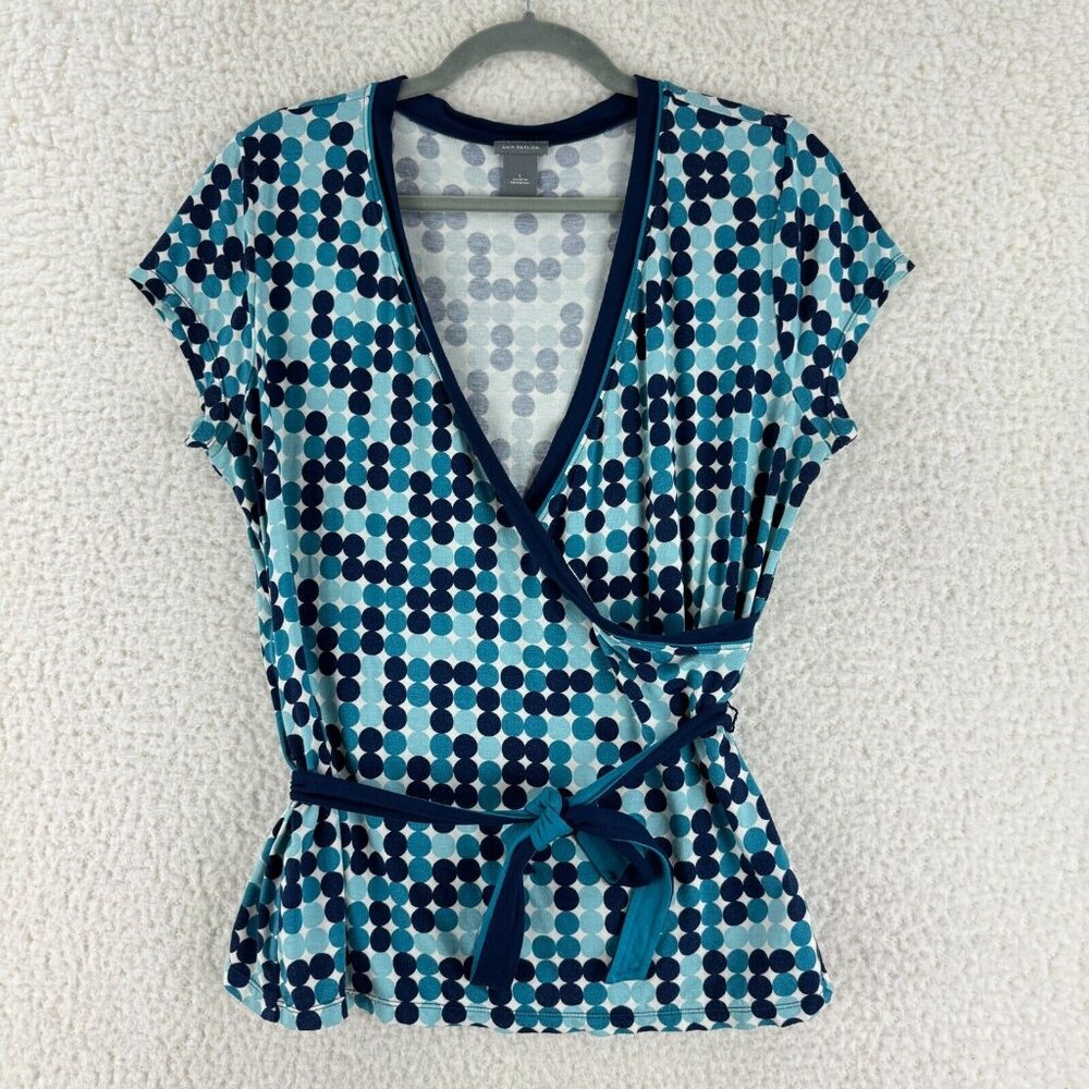 Ann Taylor Blue Polka Dot Wrap Blouse size large